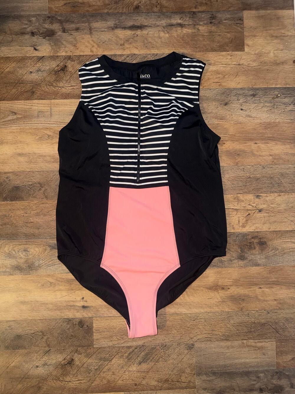 Denim & Co. Beach black & pink, white half-zip colorblock one-piece swimsuit